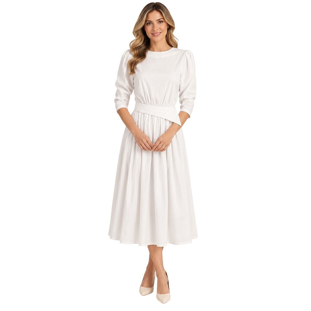 Vintage Unbranded Dress Modest Womens White Puff Sleeve Detachable Belt